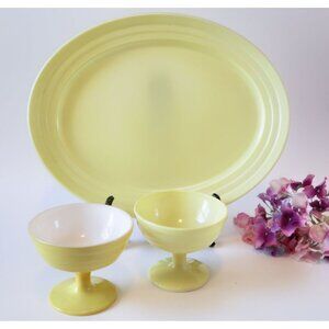 Vintage Modertone Platonite Platter & Sherbets Lemon Yellow Hazel Atlas 1950's